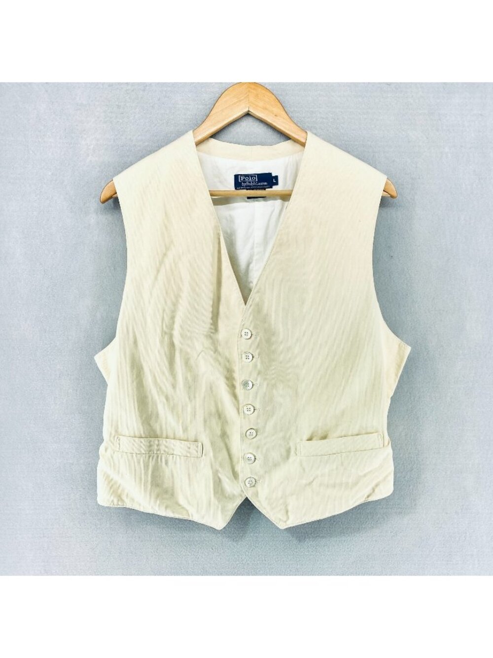 Vintage Polo Ralph Lauren Vest Mens L Beige Cotton Button Up Corduroy Waistcoat